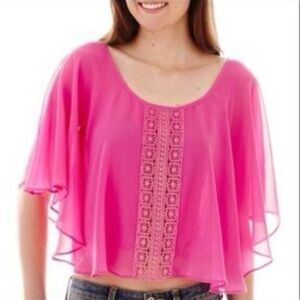 Love By Design Hot Pink Flutter Sleeve Blouse with Crochet Panel